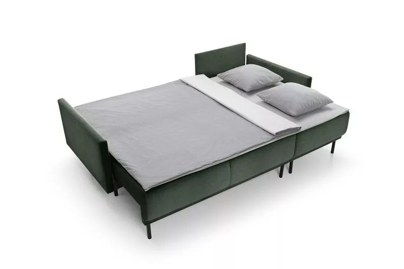 NOMIEL L-formas izvelkamais stūra dīvāns ar konteineru, zaļš hidrofoba audums - N1 Home