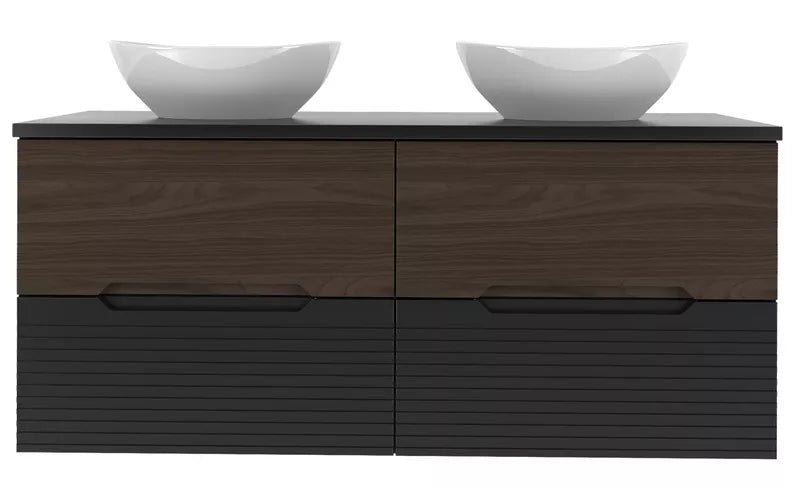 VELAV Vannas istabas komplekts ar diviem skapjiem un galda izlietnēm 120 cm, rievotas fasādes, matēts melns / riekstkoks - N1 Home