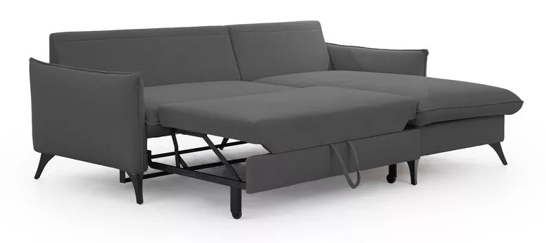 BIANOCA L-veida stūra dīvāns ar gulēšanas funkciju, ar konteineru, tumši pelēks, viegli tīrāms audums, kreisa/laba puse - N1 Home