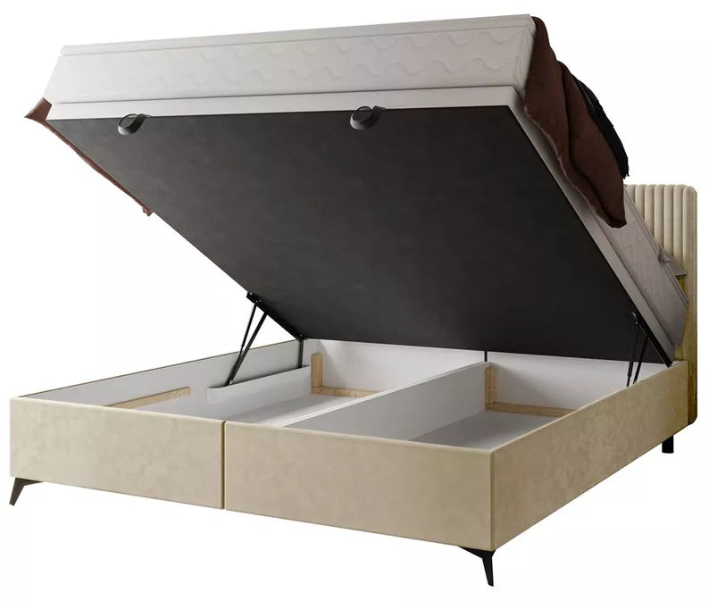 WOFAL Kontinentālā gulta 140/160/180x200 cm ar matraci un glabātuvi, gaiši bēšs, biezs velvets - N1 Home