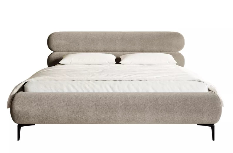 LOURE Mīkstā gulta 140/160/180x200 cm ar glabātuvi, metāla rāmis, pelēks un bēšs hidrofobs samts, melnas kājas - N1 Home