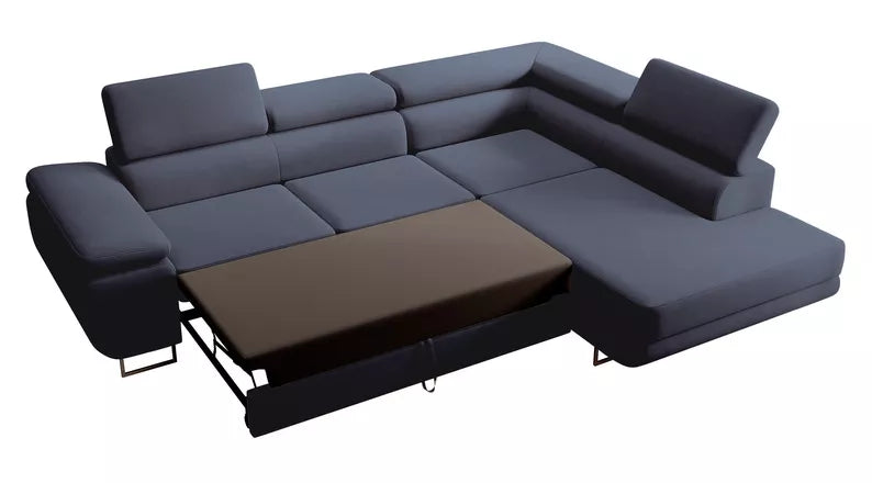 VILSTEV L-formas stūra dīvāns ar gulēšanas funkciju, ar konteineru, tumši zils viegli tīrāms samts, kreisa/laba puse - N1 Home