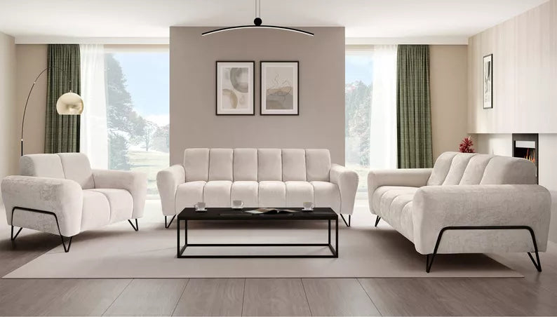 LAREVO Trīsvietīgs dīvāns, krēmkrāsas šenila - N1 Home