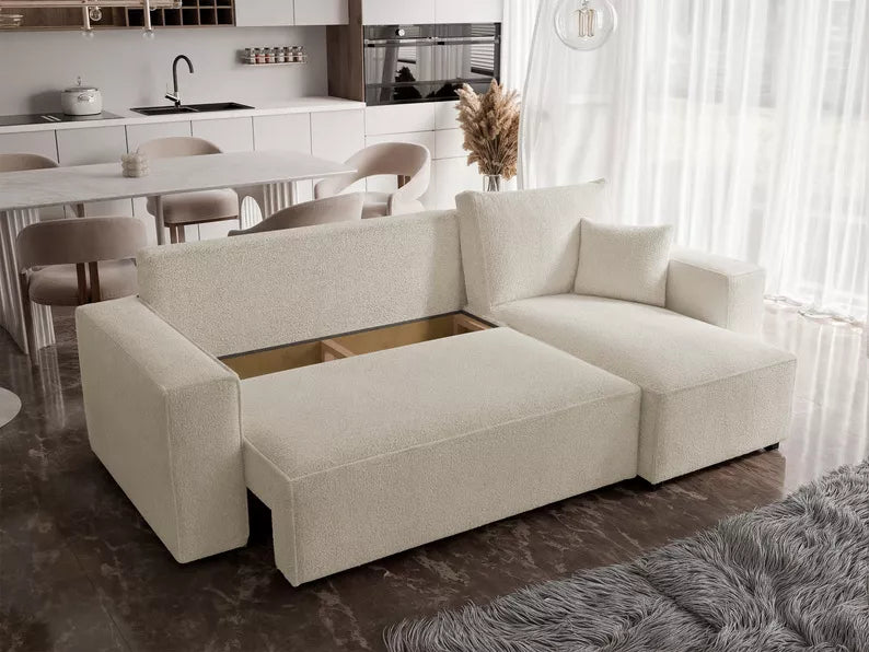 CARLO L-veida stūra dīvāns ar gulēšanas funkciju, ar konteineri, universāls, krēmkrāsas bukle - N1 Home
