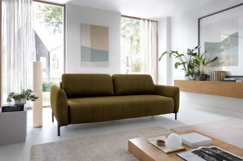 LEVA Haki trīsvietīgs dīvāns ar konteineru, no hidrofobiskā velūra auduma, melnām kājām - N1 Home