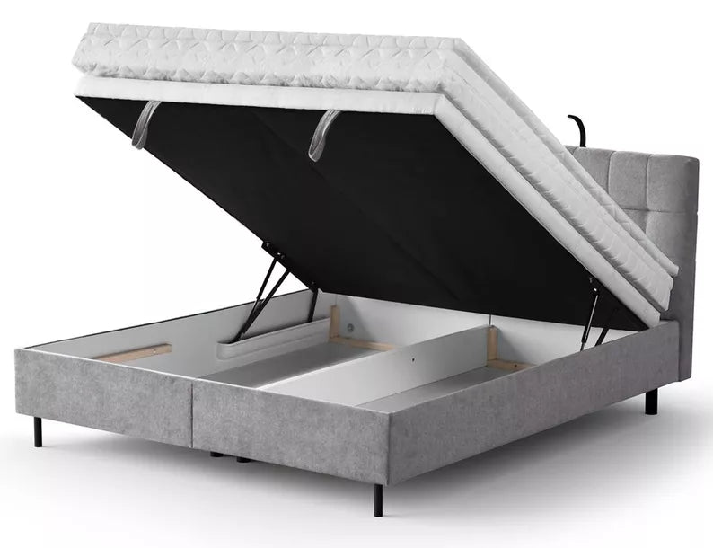 NUNA Kontinentālā gulta 140/160/180x200 cm ar matraci, glabātuvi un LED apgaismojumu, gaiši pelēks samts - N1 Home