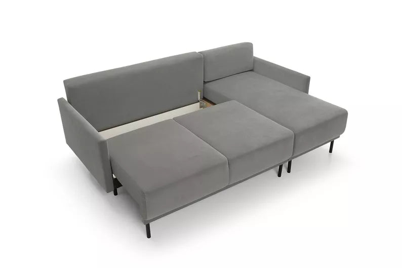 NOMIEL L-formas izvelkamais stūra dīvāns ar konteineru, universāls pelēks hidrofobs samts - N1 Home