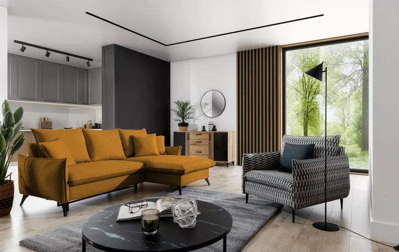 BIANOCA L-veida stūra dīvāns ar gulēšanas funkciju, ar konteineru, sinepes hidrofobs samts, kreisa/laba puse - N1 Home