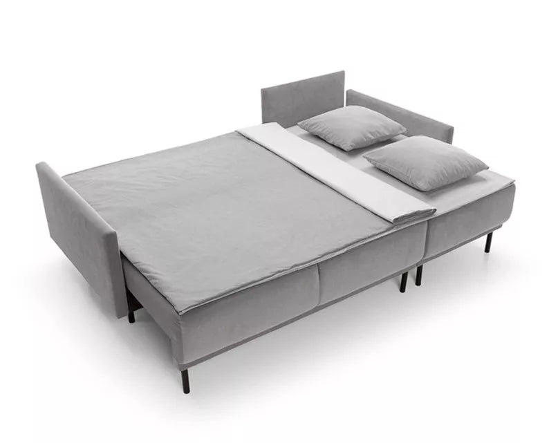 NOMIEL L-formas izvelkamais stūra dīvāns ar konteineru, pelēks hidrofoba audums - N1 Home