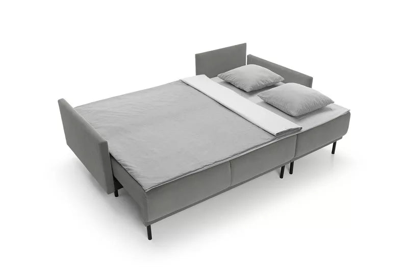 NOMIEL L-formas izvelkamais stūra dīvāns ar konteineru, universāls pelēks hidrofobs samts - N1 Home