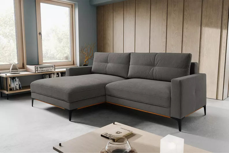 DASSINO L-formas stūra dīvāns ar gulēšanas funkciju ar glabātuvi, tumši pelēks hidrofobs šenils, kreisa/laba puse - N1 Home