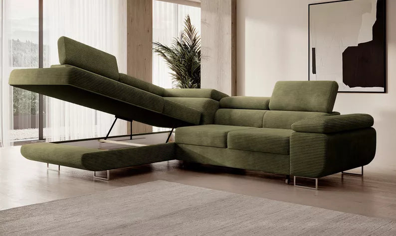 VILSTEV L-formas stūra dīvāns ar gulēšanas funkciju, ar konteineru, olīvu velveta, kreisa/laba puse - N1 Home