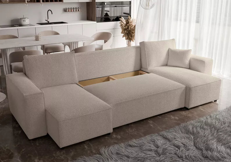 CARLO U-veida stūra dīvāns ar gulēšanas funkciju, ar konteineri, universāls, gaiši bēšs bukle - N1 Home