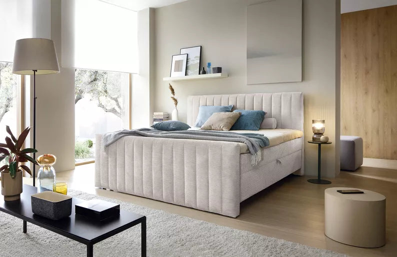 BINOLULA Kontinentālā gulta 1160/80x200 cm ar matraci un konteineriem, gaiši bēša velveta - N1 Home