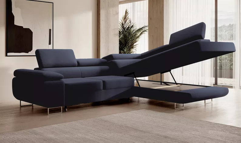 VILSTEV L-formas stūra dīvāns ar gulēšanas funkciju, ar konteineru, tumši zils viegli tīrāms samts, kreisa/laba puse - N1 Home