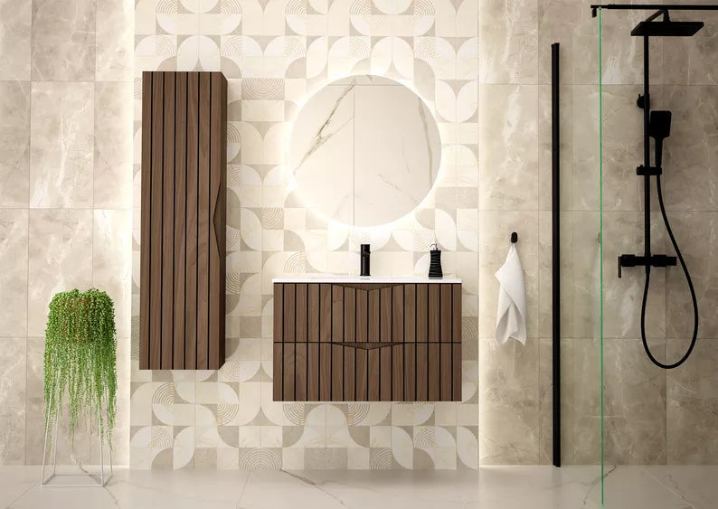 DELLA Vannas istabas komplekts ar izlietni un skapīti, piekaramais skapis, 95 cm, rievotas riekstkoka/matēti melnas fasādes - N1 Home