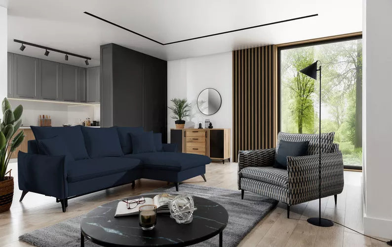 BIANOCA L-veida stūra dīvāns ar gulēšanas funkciju, ar konteineru, tumši zils, viegli tīrāms audums, kreisa/laba puse - N1 Home