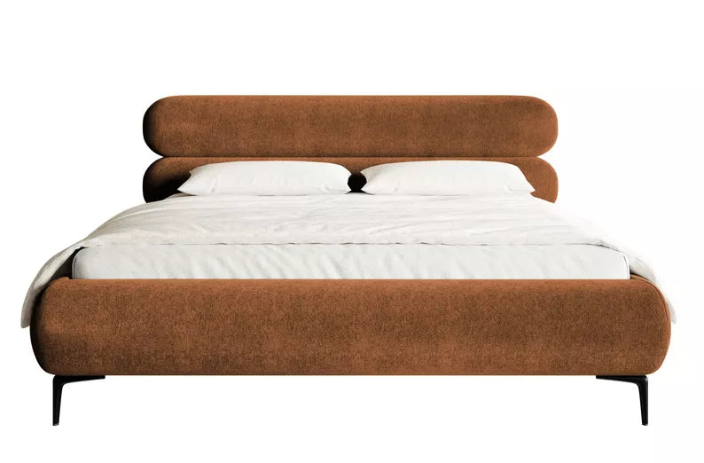 LOURE Mīkstā gulta 140/160/180x200 cm ar glabātuvi, metāla rāmis, varš hidrofobs samts, melnas kājas - N1 Home