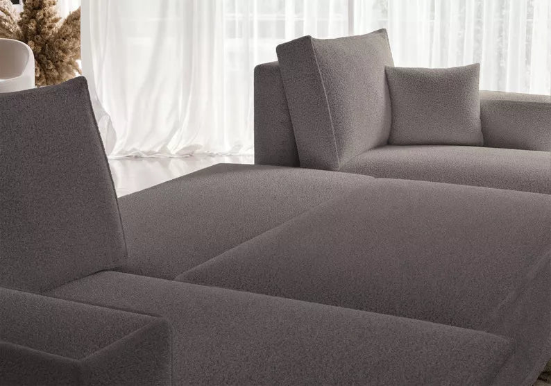 CARLO U-veida stūra dīvāns ar gulēšanas funkciju, ar konteineri, universāls, gaiši brūns bukle - N1 Home