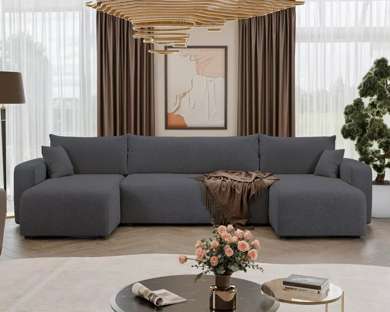 NONIPIA U-formas stūra dīvāns ar gulēšanas funkciju, ar konteineri, universāls, tumši pelēks bukle - N1 Home