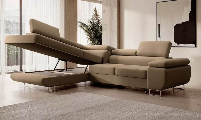 VILSTEV L-formas stūra dīvāns ar gulēšanas funkciju, ar konteineru, bēšs viegli tīrāms samts, kreisa/laba puse - N1 Home