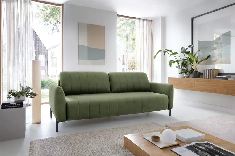 LEVA Zaļš trīsvietīgs dīvāns ar konteineru, no hidrofobiskā velūra auduma, melnām kājām - N1 Home