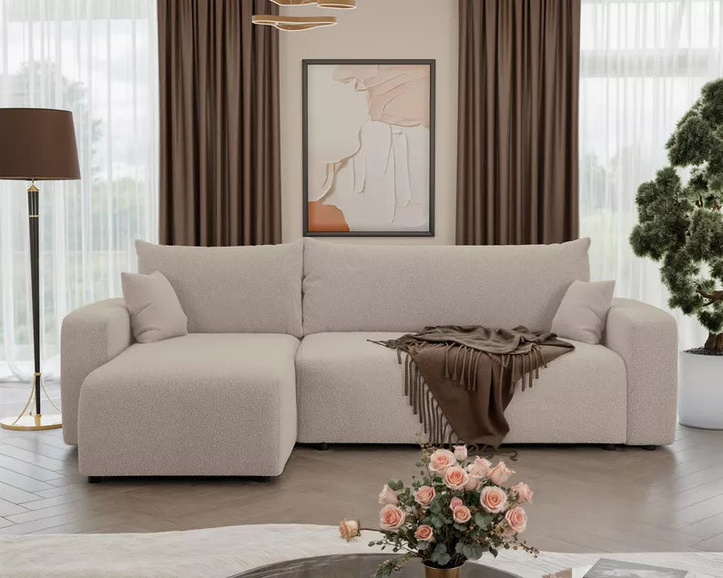 NONIPIA L-formas stūra dīvāns ar gulēšanas funkciju, ar konteineri, universāls, gaiši smilškrāsas bukle - N1 Home