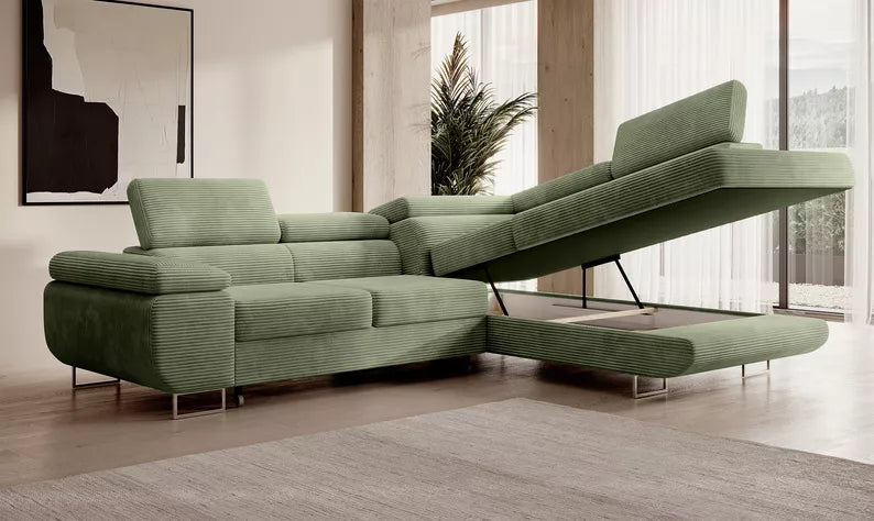 VILSTEV L-formas stūra dīvāns ar gulēšanas funkciju, ar konteineru, salvijas velveta, kreisa/laba puse - N1 Home