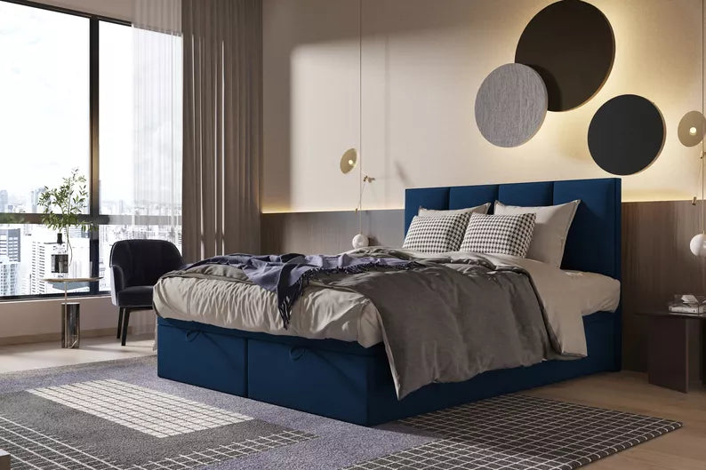 CATALEMER Kontinentālā gulta 140/160/180/200 x200 cm ar matraci un konteineriem, tumši zils samts - N1 Home