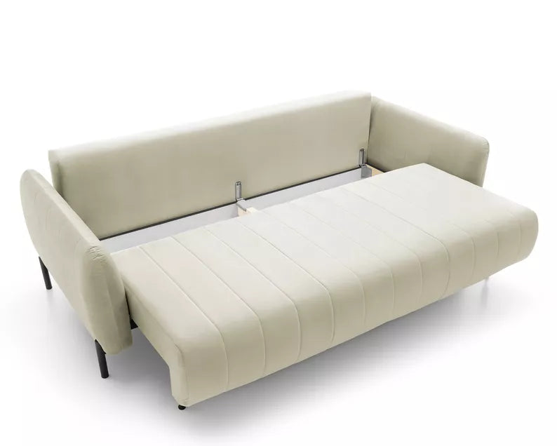 LEVA Krēmkrāsas trīsvietīgs dīvāns ar konteineru, no hidrofobiskā velūra auduma, melnām kājām - N1 Home