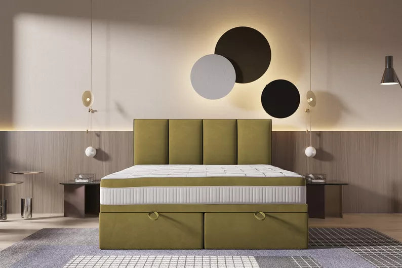 CATALEMER Kontinentālā gulta 140/160/180/200 x200 cm ar matraci un konteineriem, olīvu samts - N1 Home