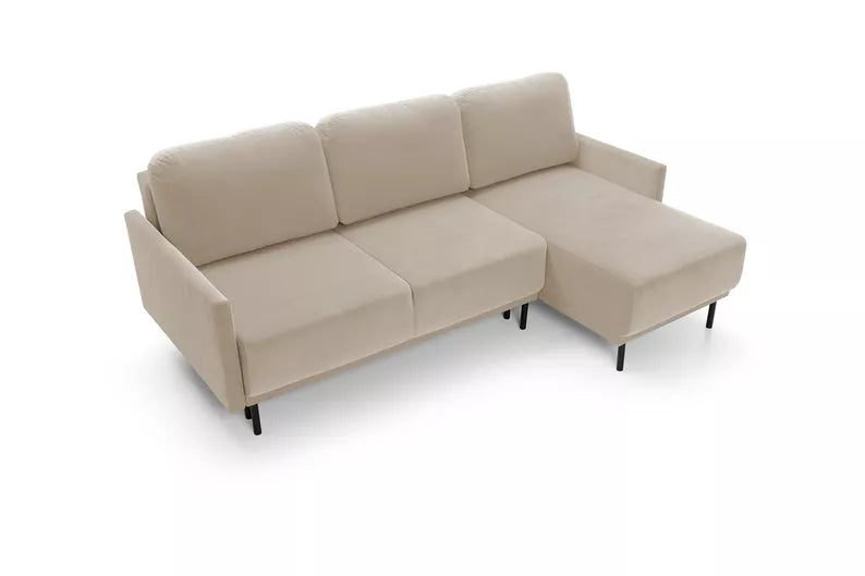 NOMIEL L-formas izvelkamais stūra dīvāns ar konteineru, universāls gaiši bēšs hidrofobs samts - N1 Home