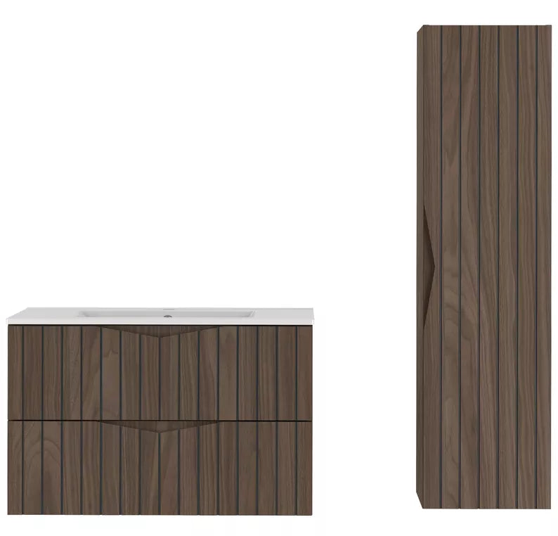 DELLA Vannas istabas komplekts ar izlietni un skapīti, piekaramais skapis, 95 cm, rievotas riekstkoka/matēti melnas fasādes - N1 Home