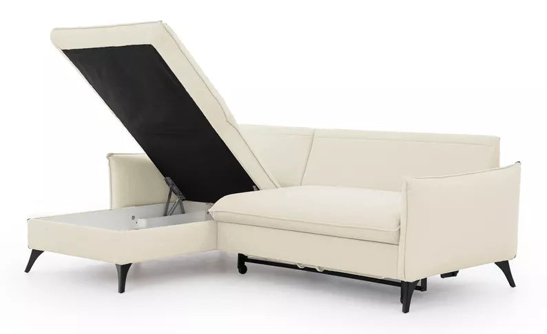 BIANOCA L-veida stūra dīvāns ar gulēšanas funkciju, ar konteineru, krēmkrāsas hidrofobs samts , kreisa/laba puse - N1 Home