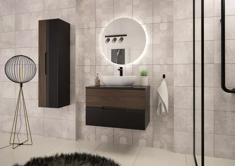 VELAV Vannas istabas skapis, 60 cm, rievota priekšpuse, matēts melns/valrieksts - N1 Home