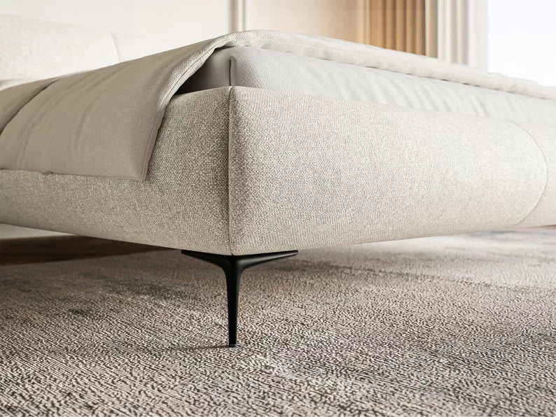 VALEO Polsterēta gulta 140/160/180x200 cm, gaiši bēša hidrofoba bize, melnas kājas - N1 Home