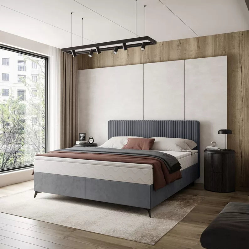 WOFAL Kontinentālā gulta 140/160/180x200 cm ar matraci un glabātuvi, pelēks biezs velvets - N1 Home