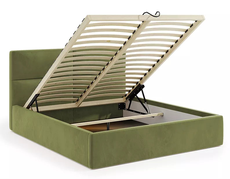 MAHEL Polsterēta gulta 140/160/180x200 cm ar glabātuvi, olīvu samts - N1 Home