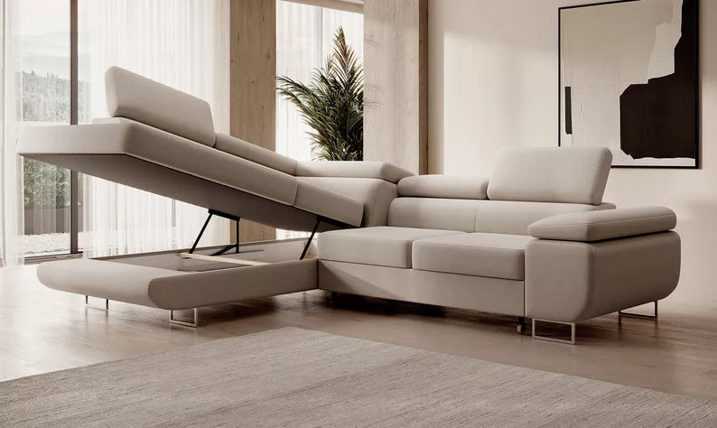 VILSTEV L-formas stūra dīvāns ar gulēšanas funkciju, ar konteineru, gaiši bēšs samts, laba puse - N1 Home