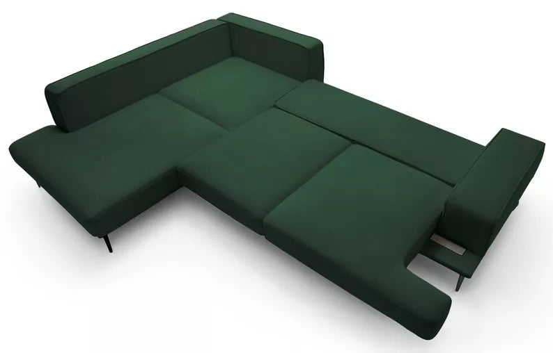 SITOME L-formas dīvāns ar gulēšanas funkciju, zaļš samts, melnas kājas, kreisa/laba puse - N1 Home