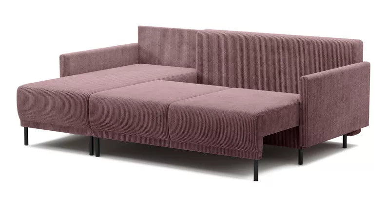 NOMIEL L-formas izvelkamais stūra dīvāns ar konteineru, universāls ceriņkrāsas velvets - N1 Home