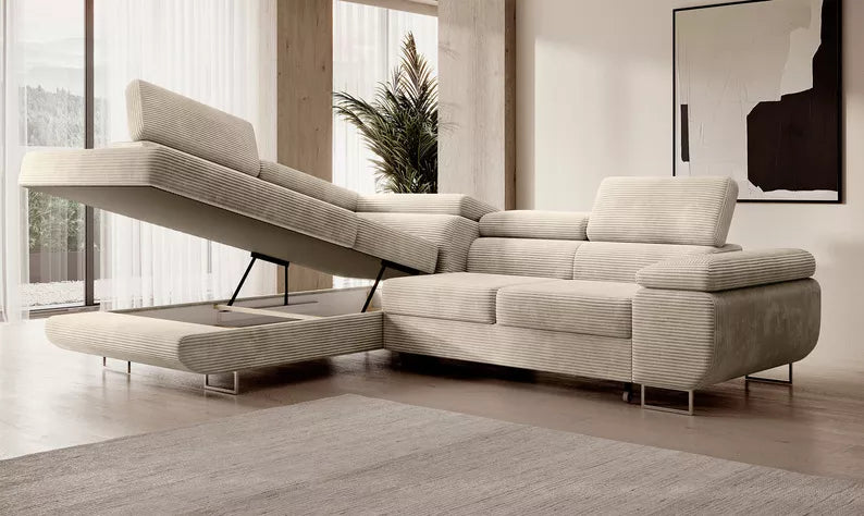 VILSTEV L-formas stūra dīvāns ar gulēšanas funkciju, ar konteineru, gaiši smilškrāsas velveta, kreisa/laba puse - N1 Home