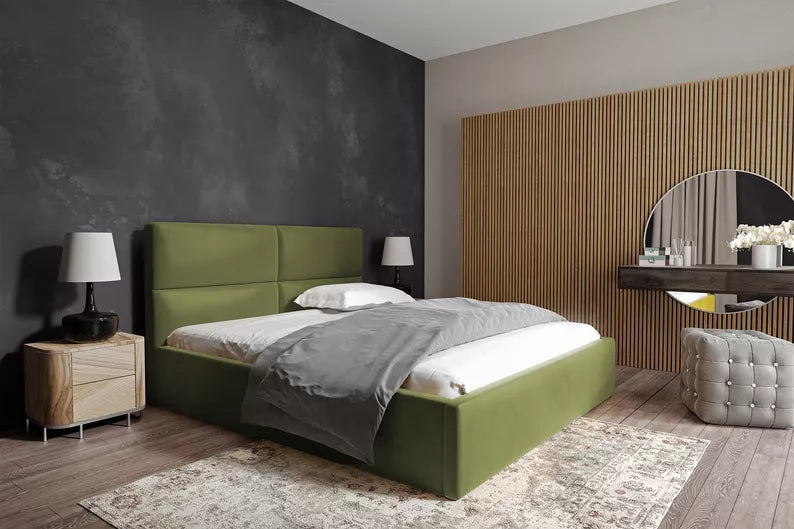 MAHEL Polsterēta gulta 140/160/180x200 cm ar glabātuvi, olīvu samts - N1 Home