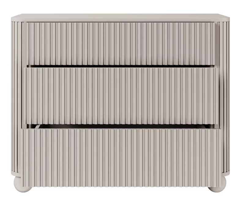 VELLORE Kumode ar rievām un trim atvilktnēm, 93 cm, uz pelēki bēšām kruķu kājām - N1 Home
