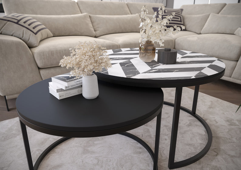 BELLO Divu kafijas galdiņu komplekts, apaļš, 80 un 60 cm, glamour/melns - N1 Home