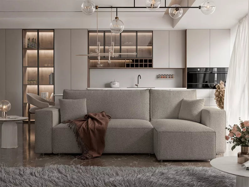 CARLO L-veida stūra dīvāns ar gulēšanas funkciju, ar konteineri, universāls, gaiši brūns bukle - N1 Home