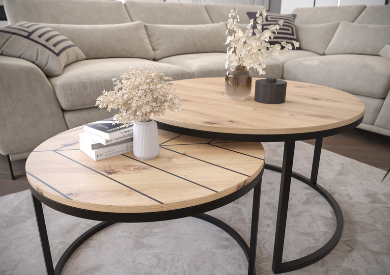 BELLO Divu kafijas galdiņu komplekts, apaļš, 80 un 60 cm, artisan ozols/skujiņas raksts - N1 Home