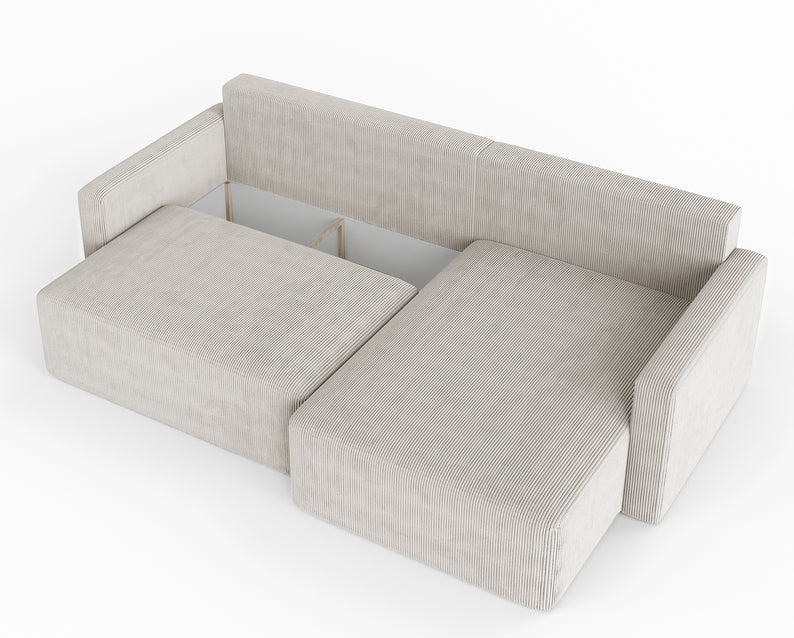 ALD L-formas stūra dīvāns ar gulēšanas funkciju, ar konteineru, universāls, gaiši bēšs velvets - N1 Home