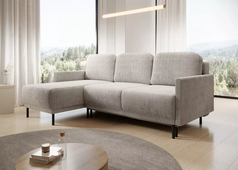 NOMIEL L-formas izvelkamais stūra dīvāns ar konteineru, universāls gaiši smilškrāsas velvets - N1 Home