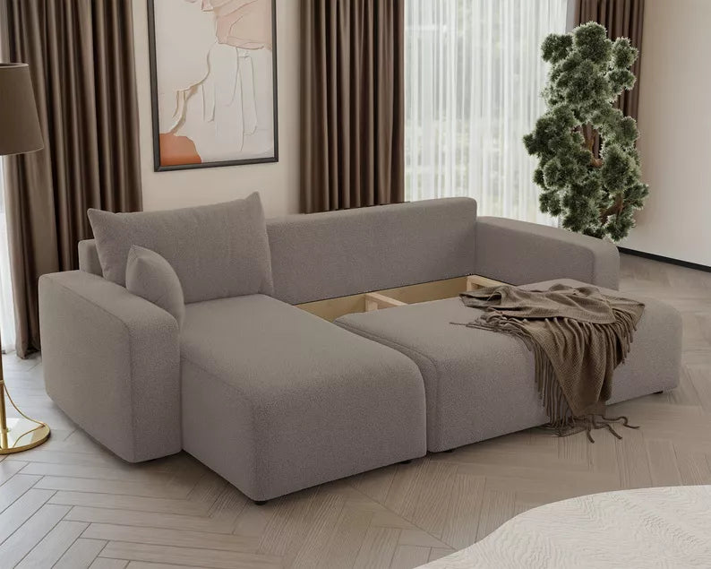 NONIPIA L-formas stūra dīvāns ar gulēšanas funkciju, ar konteineri, universāls, gaiši brūns bukle - N1 Home